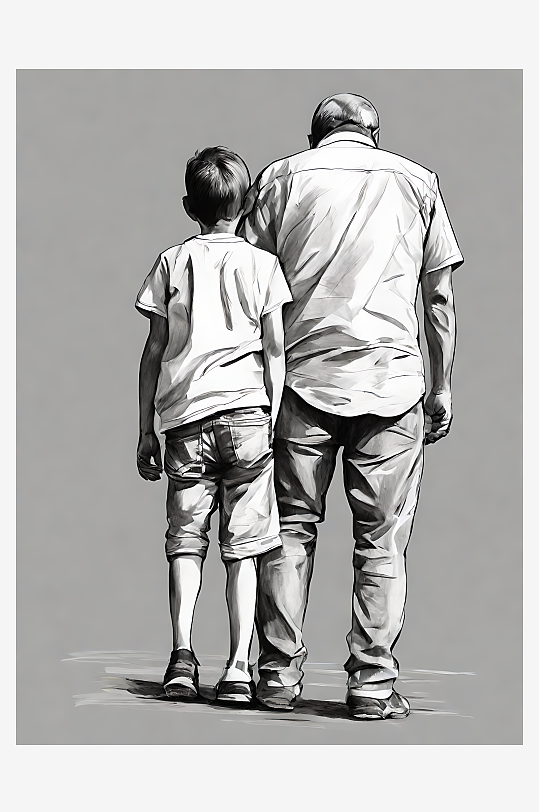 父亲与孩子的背影素描AI数字艺术