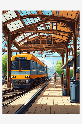 AI数字艺术火车站卡通插画
