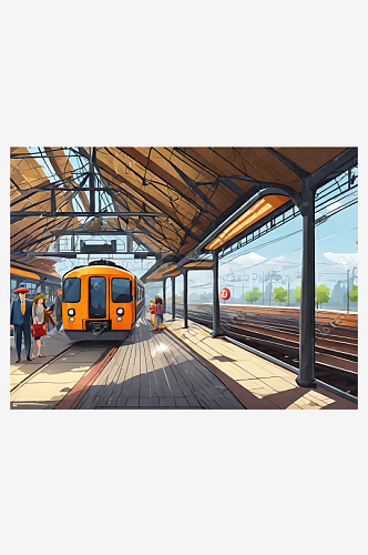 火车站卡通插画AI数字艺术