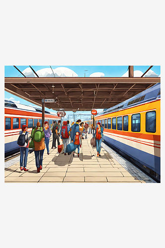 火车站卡通插画AI数字艺术