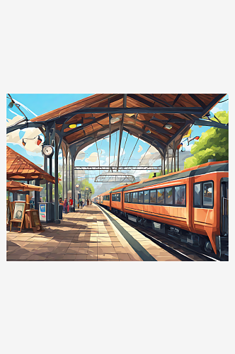 AI数字艺术火车站卡通插画