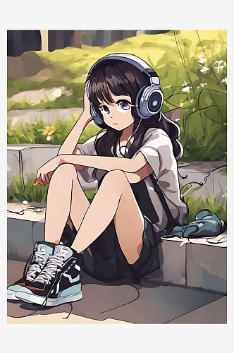 坐在地上听音乐的女孩卡通插画AI数字艺术