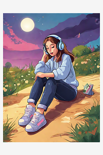 坐在地上听音乐的女孩卡通插画AI数字艺术