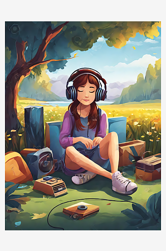 AI数字艺术坐在地上听音乐的女孩卡通插画