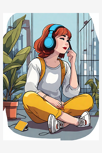 AI数字艺术坐在地上听音乐的女孩卡通插画