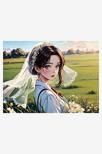 动漫风草原上的新娘AI数字艺术