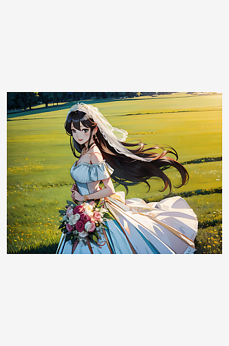 动漫风草原上的新娘AI数字艺术