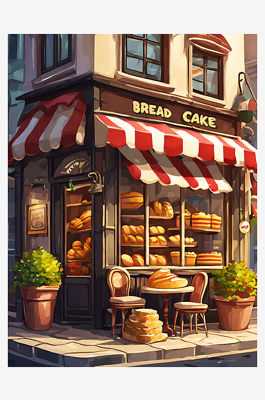 面包蛋糕店铺卡通插画AI数字艺术