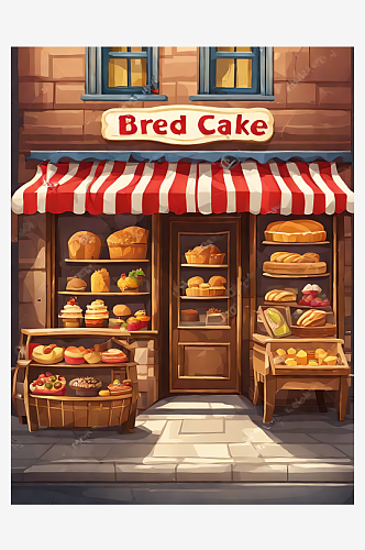 面包蛋糕店铺卡通插画AI数字艺术