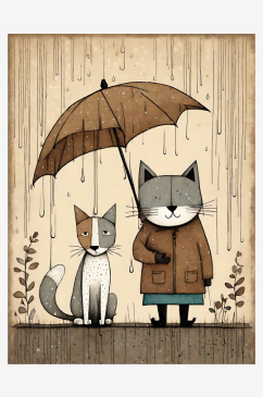 下雨天的猫和狗漫画AI数字艺术
