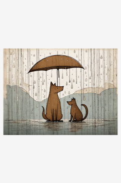 下雨天的猫和狗漫画AI数字艺术