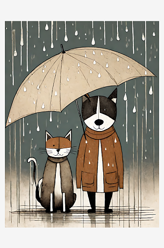 AI数字艺术下雨天的猫和狗漫画