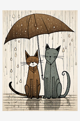 AI数字艺术下雨天的猫和狗漫画