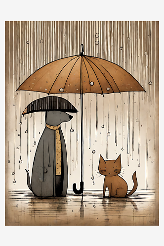 AI数字艺术下雨天的猫和狗漫画