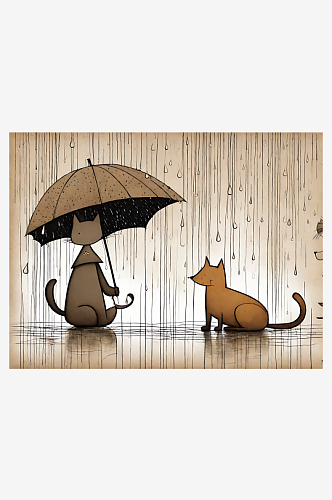 AI数字艺术下雨天的猫和狗漫画
