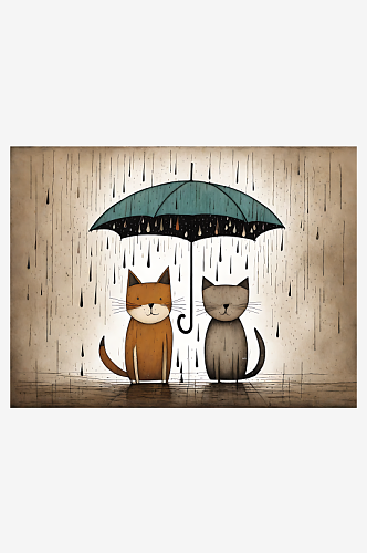 AI数字艺术下雨天的猫和狗漫画