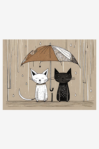 AI数字艺术下雨天的猫和狗漫画