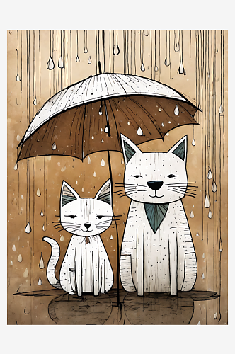 AI数字艺术下雨天的猫和狗漫画