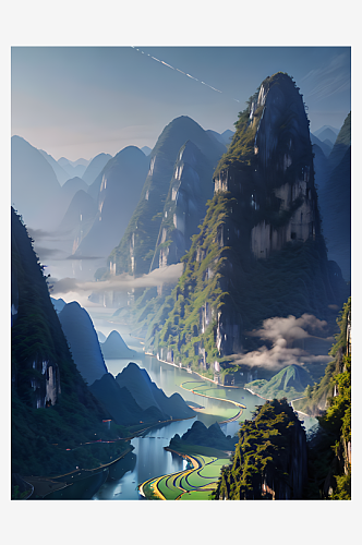 AI数字艺术山水风景CG风插图