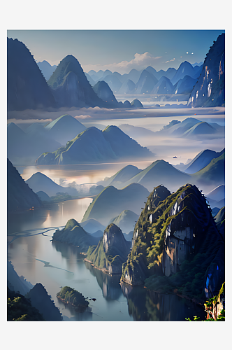 AI数字艺术山水风景CG风插图