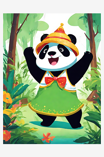 卡通风森林里快乐的熊猫AI数字艺术