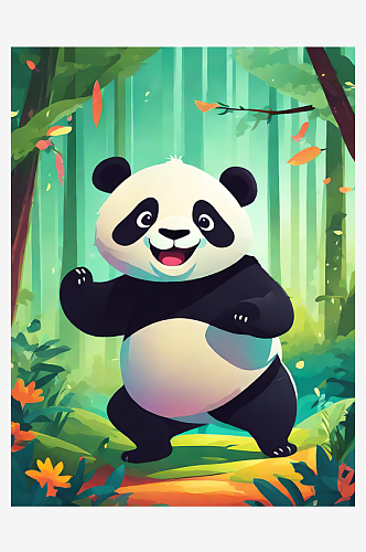 AI数字艺术卡通风森林里快乐的熊猫