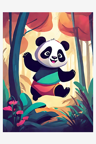 AI数字艺术卡通风森林里快乐的熊猫