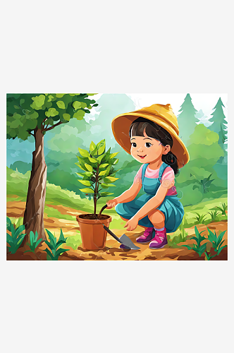 种树的小女孩卡通插画AI数字艺术