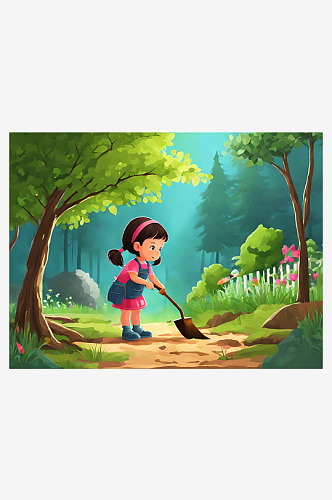 种树的小女孩卡通插画AI数字艺术