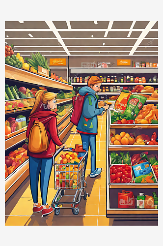 逛超市的人卡通插画AI数字艺术