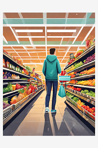 AI数字艺术逛超市的人卡通插画