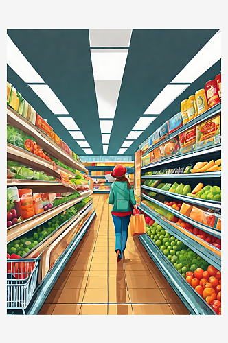 AI数字艺术逛超市的人卡通插画