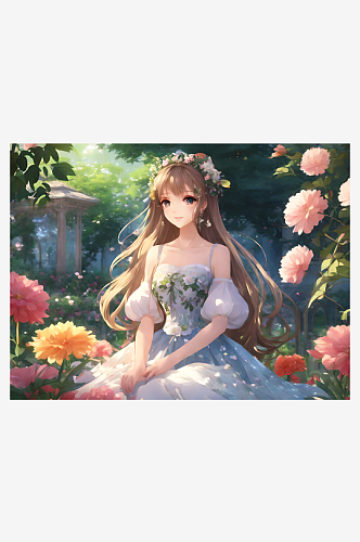 动漫风花园里的长发裙子美女AI数字艺术