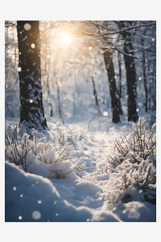 AI数字艺术摄影风下雪的树林