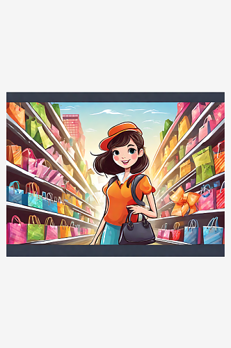 AI数字艺术在购物的女孩卡通插画