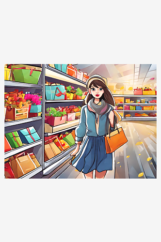 AI数字艺术在购物的女孩卡通插画