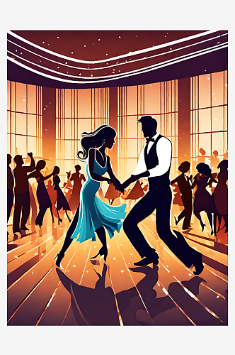 AI数字艺术卡通风舞会上跳舞的情侣