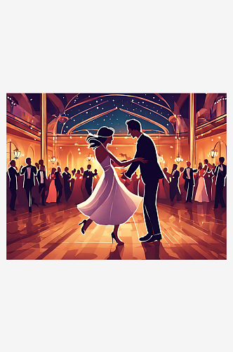AI数字艺术卡通风舞会上跳舞的情侣