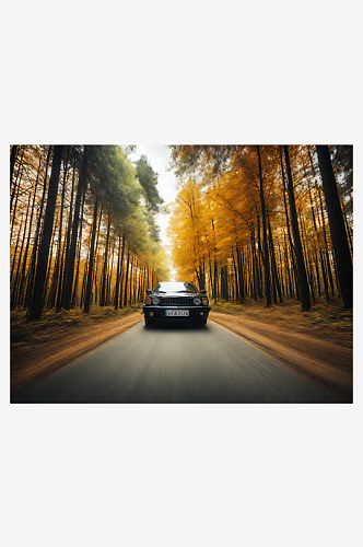 AI数字艺术摄影风林间公路的汽车