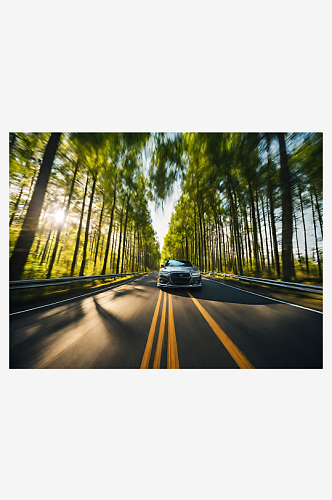 AI数字艺术摄影风林间公路的汽车