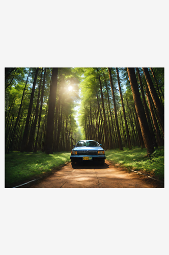 摄影风林间公路的汽车AI数字艺术