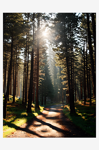摄影风阳光洒进树林AI数字艺术