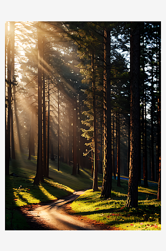 摄影风阳光洒进树林AI数字艺术