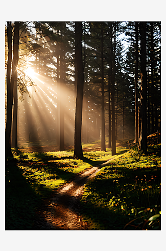 阳光洒进树林摄影图AI数字艺术