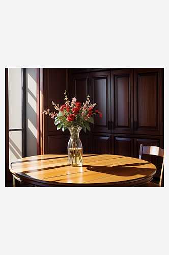 摄影风餐桌上花瓶里的玫瑰花AI数字艺术