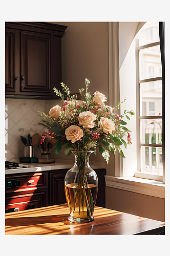 AI数字艺术摄影风餐桌上花瓶里的玫瑰花