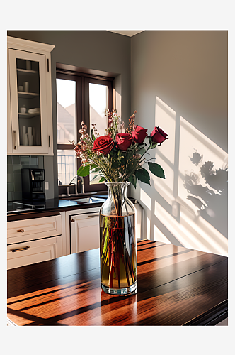 AI数字艺术摄影风餐桌上花瓶里的玫瑰花
