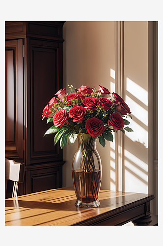 摄影风餐桌上花瓶里的玫瑰花AI数字艺术
