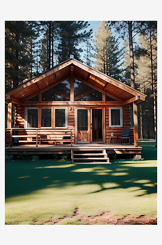 摄影风森林里的度假小木屋AI数字艺术
