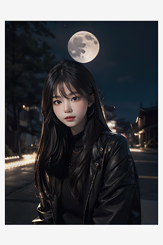 黑夜里的美女写实摄影AI数字艺术